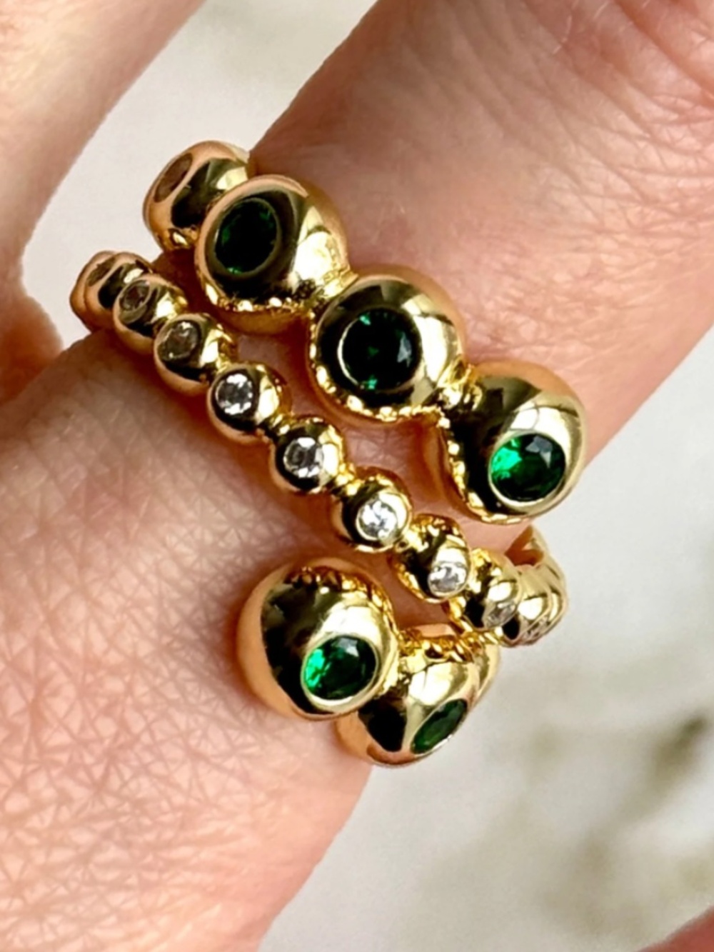 Gold gilt sterling bezel emerald crystal ring, size 8